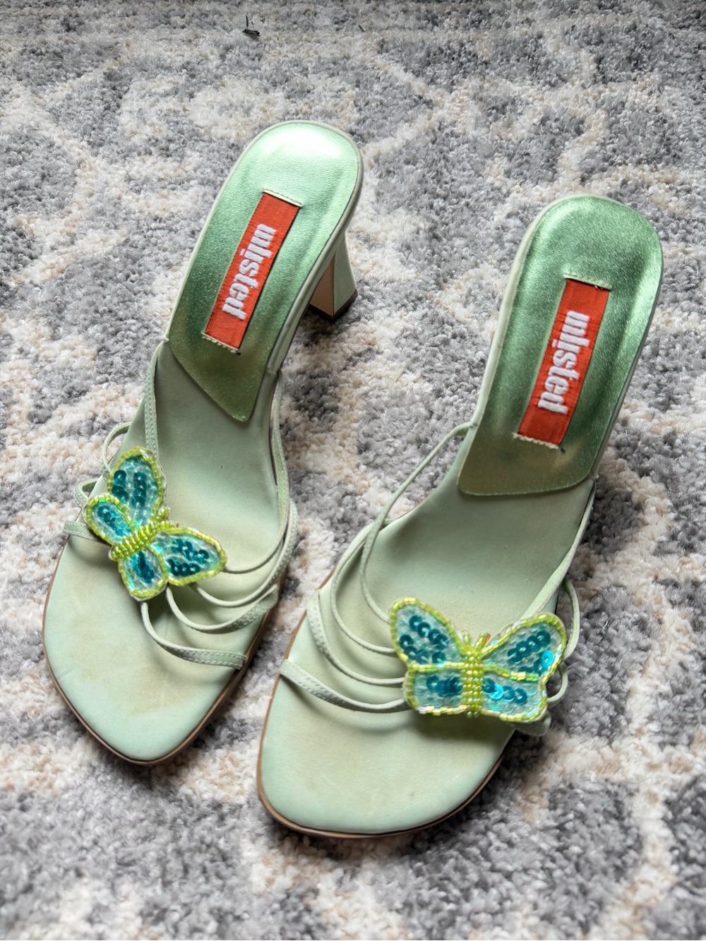 Y2K Unlisted Mint Green Sequin Butterfly Heeled Fairy Sandals - Picture 2 of 9
